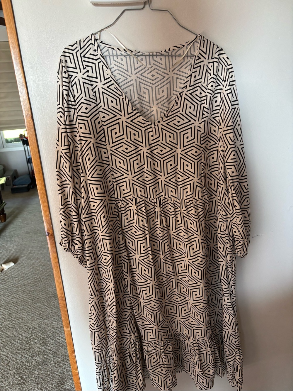 Geometric Print V-Neck Midi Dress in Beige and Black